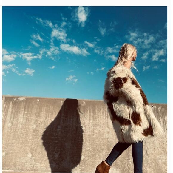 ZADIG & VOLTAIRE Fred Tache Faux Fur Coat L NWT White Brown Cow Cashmere Western - Picture 1 of 9